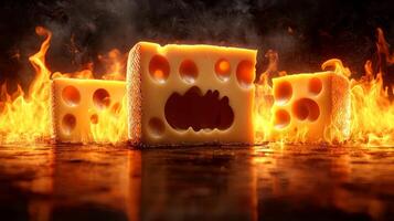 Melting Cheese Blocks Surrounded by Flames photo
