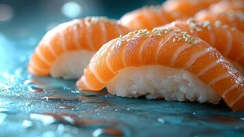 Fresh Salmon Nigiri on a Turquoise Platter photo