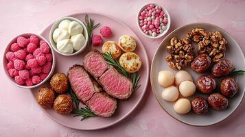 Delicious Beef Wellington on Pastel Pink Background photo