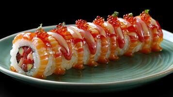 Elegant Sushi Roll with Colorful Toppings on Plate photo