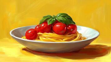 Fresh Spaghetti with Tomatoes and Basil on Pastel Background photo