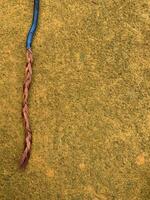 blue cable with stripped copper core on yellow floor photo