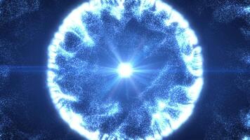 choque onda animação. abstrato brilhando esfera, energia bola brilha brilhantemente com raios do luz, Magia ondas a partir de partículas e pontos, atômico Ciência abstrato fundo video