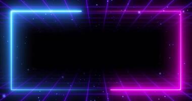 Abstract neon glow frame and digital particle movement and retro mesh, stage for product presentation, neon lights rectangle, seamless loop video