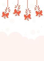 Festive Poster template featuring hanging striped candy canes with red bows, snowflakes, and a soft peach background with blank space. vector