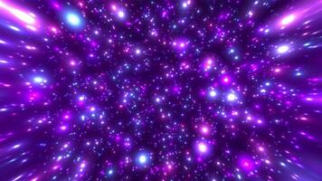 Flight of bright particles of light and dust in space, animation of luminous points of light. Hyperspace jump through the stars into space. fast travel at the speed of light through a wormhole video