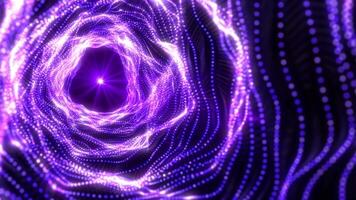 Digital futuristic tunnel or travel through time and space with wave energy of vibrant neon particles and dots. Bright tunnel, warp speed, wormhole. Screensaver video