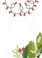 Festive Poster template featuring red string lights, greenery, berries, and snowflakes on a peach background with blank space vector