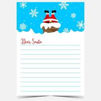 Christmas letter or wish list template with cute Santa character stuck upside down in the snow. Blank document with empty lines to fill out by kids during winter holidays. vector