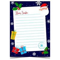 Christmas letter to Santa blank template with empty lines to fill out by kids during winter holidays. document for wish list or Christmas postcard with congratulation message. vector