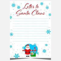 Christmas letter to Santa Claus with empty lines to fill out by kids during winter holidays. blank template for Christmas wish list, congratulation postcard with cute Santa character. vector