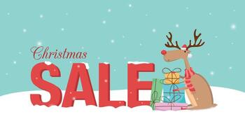 Banner with Reindeer and text sale on the snow. Merry Christmas and Happy New Year vector