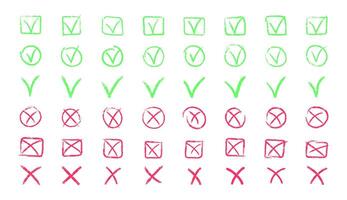 Set of chalk ticks and crosses , circle and square. Tick symbol means agree, vote, confirm. Tick and X symbols hand drawn in red and green pencil. illustration. vector