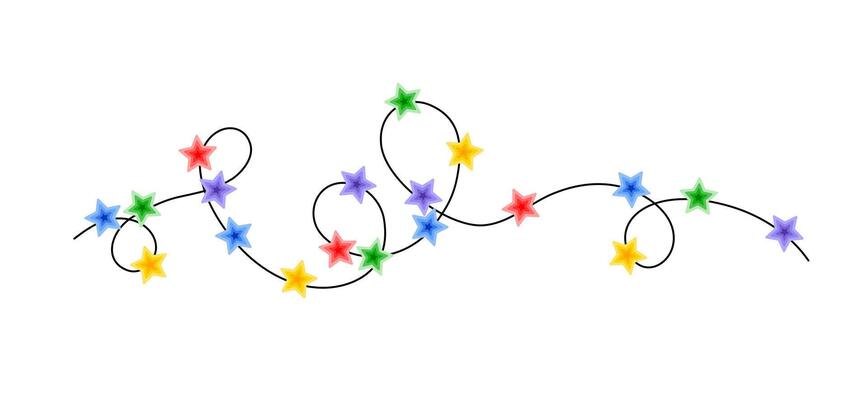 Christmas holiday festive lights curly string garland with multicoloured stars