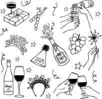 Set of creative doodle illustrations for decorating and celebrating New Year, line art style or hand drawn vector