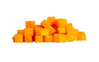 Side view of orange carrot slices or pieces in cube shape in stack isolated on white background with clipping path photo