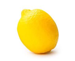 Side view of single fresh ripe yellow lemon fruit isolated on white background with clipping path photo