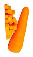 Top view of orange carrot roots with slices or pieces in cube shape in stack isolated on white background with clipping path photo