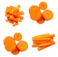 Top view set of orange carrot slices or pieces in circle stick and cube shapes in stacks isolated on white background with clipping path photo