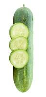 Top view of fresh green cucumber with slices in circle shape in stack isolated on white background with clipping path photo