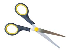 Top view of a pair of small multipurpose scissors with black and yellow handle isolated on white background with clipping path photo