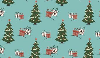 Pattern with Christmas trees and wrapped presents on a light blue background. Flat festive design. Ideal for wrapping paper, wallpaper, holiday fabric prints vector
