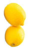Top view of two fresh ripe yellow lemon fruit in stack isolated on white background with clipping path photo