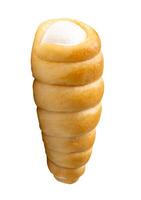 Side view of puff pastry cream horn isolated on white background with clipping path photo