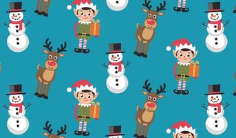 A cheerful pattern combining reindeer, Santas elves, and snowmen on a teal background for holiday designs vector