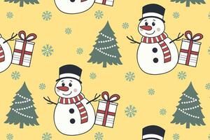 Pattern with snowmen, Christmas trees, wrapped presents, snowflakes, yellow background. Flat festive design. For holiday wrapping paper and wallpaper vector