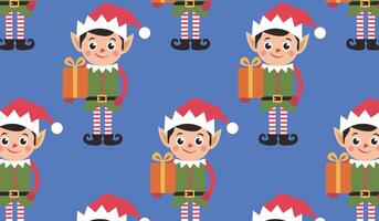 Pattern of cheerful elves in Santa hats holding gifts on a blue background, ideal for festive themes vector