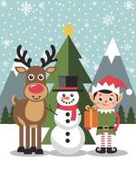 A festive scene with a reindeer, snowman, and elf standing near a Christmas tree, surrounded by falling snowflakes vector