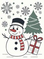 Smiling snowman with a red scarf and top hat holding a wrapped present, Christmas tree with snowflakes in the background. Flat winter illustration. For Christmas cards and festive prints vector