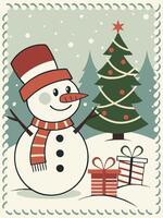 Smiling snowman in a red hat and scarf, decorated Christmas tree with wrapped presents, framed with a decorative border, snowy background. Flat vintage-style vector