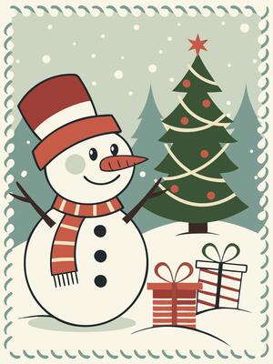 Smiling snowman in a red hat and scarf, decorated Christmas tree with wrapped presents, framed with a decorative border, snowy background. Flat vintage-style