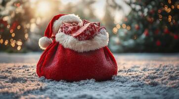 Santa Claus and a red bag with gifts, created on the basis of technology. photo