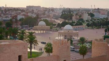 View on Park Baladia with palms from roof of Ribat of Monastir. video