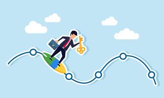 A businessman carrying a key while riding a surfboard gliding along a line, illustration of making the right decisions in solving business problems to keep the business on track vector