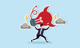 A businessman running away with a devil-shaped lamp surrounded by dark clouds and lightning, illustration of discarding bad ideas and intentions in business vector