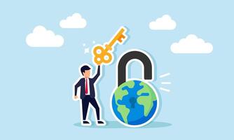 A businessman carries and lifts a key from a padlock shaped like the globe, illustration of finding solutions to grow a business to an international scale vector