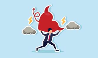 A businessman running away with a devil-shaped heart surrounded by dark clouds and lightning, illustration of discarding bad intentions and negative motives in business vector