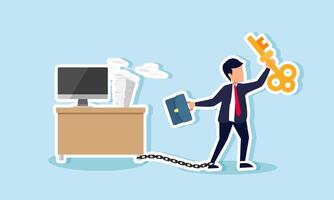 A businessman holds a key with legs chained to a desk, illustration of limited freedom with company rules in providing business solutions vector