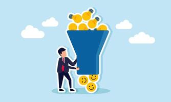 A businessman stands next to a machine that can turn a lamp into a happy emoticon, illustration of applying ideas and innovations effectively to boost revenue and income vector