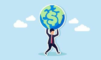 A businessman runs holding a globe with islands shaped like dollars, illustration of securing a profitable business project location vector