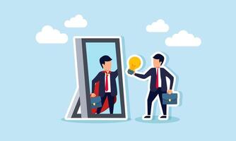 A businessman holding a lit lamp stands before a mirror reflecting a super businessman, illustration of a businessman up-to-date with ideas and innovations in business growth vector