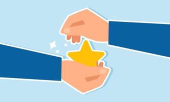 A businessman hand handing a star to another hand, illustration of giving a good rating for business performance vector