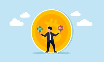 A businessman holding BUY and SELL boards stands in front of a bitcoin, illustration of choosing between BUY or SELL bitcoin assets vector