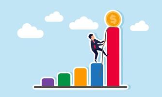 A businessman climbs the highest graph using a rope aiming to reach the dollar coin, illustration of efforts to stabilize business company finances vector