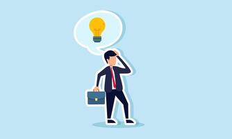 A confused businessman with a thought bubble showing a lamp, illustration of uncertainty in designing a business idea and innovation vector