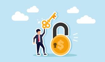 A businessman carries and lifts a key from a padlock shaped like a dollar coin, illustration of finding the right solution for stabilizing company finances vector